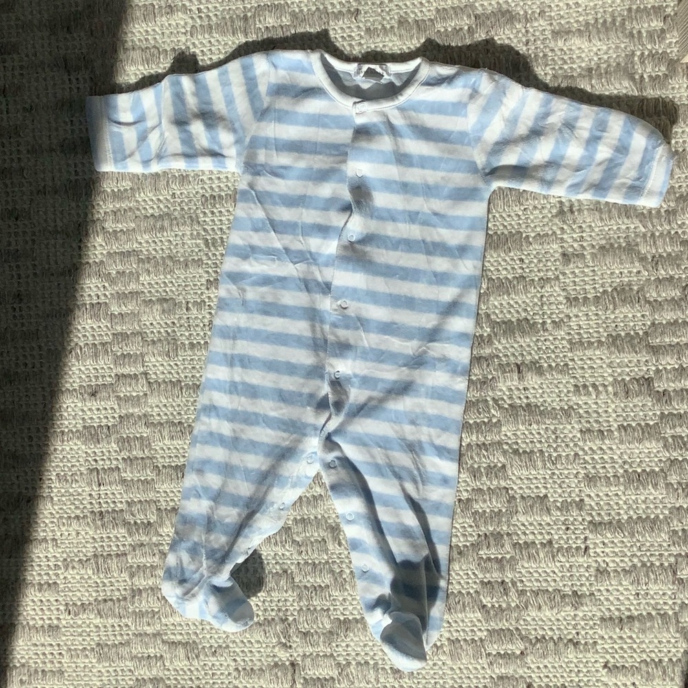 Kissy Kissy blue and white striped footsie onesie size 6-9 months.